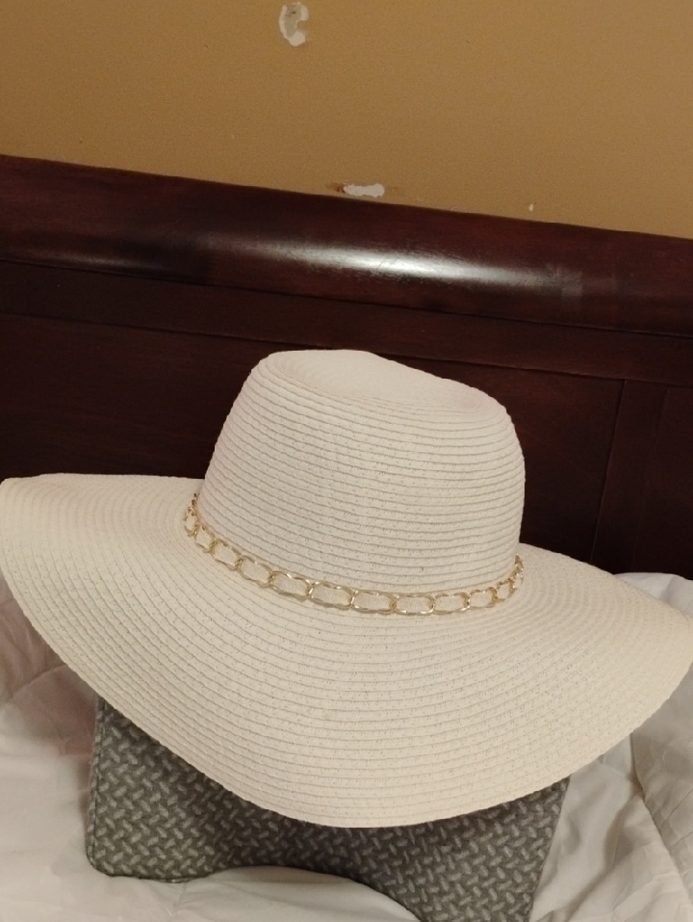 Cream Wide-Brim Sun Hat with Gold Chain Trim